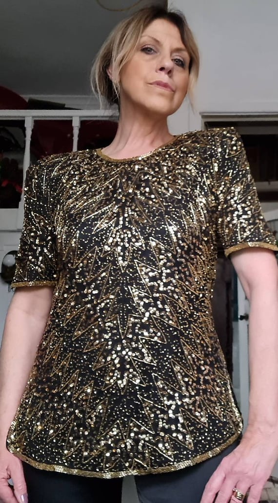 Vintage Silk Beaded and Sequin 80s Evening Top in Black and Gold Allover Heavily Beaded and Sequined Design by Rare Etsy UK