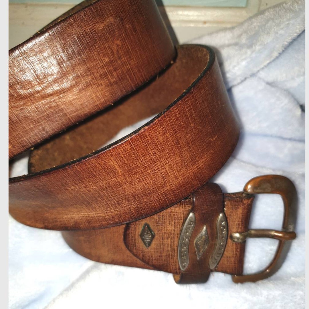 Mens Vintage Belt, 90s Belt by C Dubya, Belt Buckle, Made in Italy, Tan