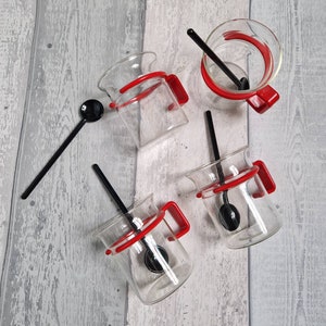Bodum bistro glasses set of 4 red minimalist coffee tea hot chocolate, beverage cups, with black spoons, modern retro home decor, Swiss made