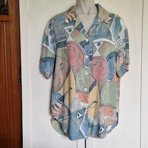 Vintage abstract print pastel wavy short sleeve shirt with curved hem by Edinburgh, 80s 90s vintage oversize shirt, festival, summer