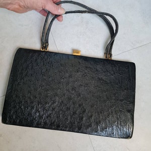 Vintage 50s Black Aligator Skin Bag Double Handles in Need 