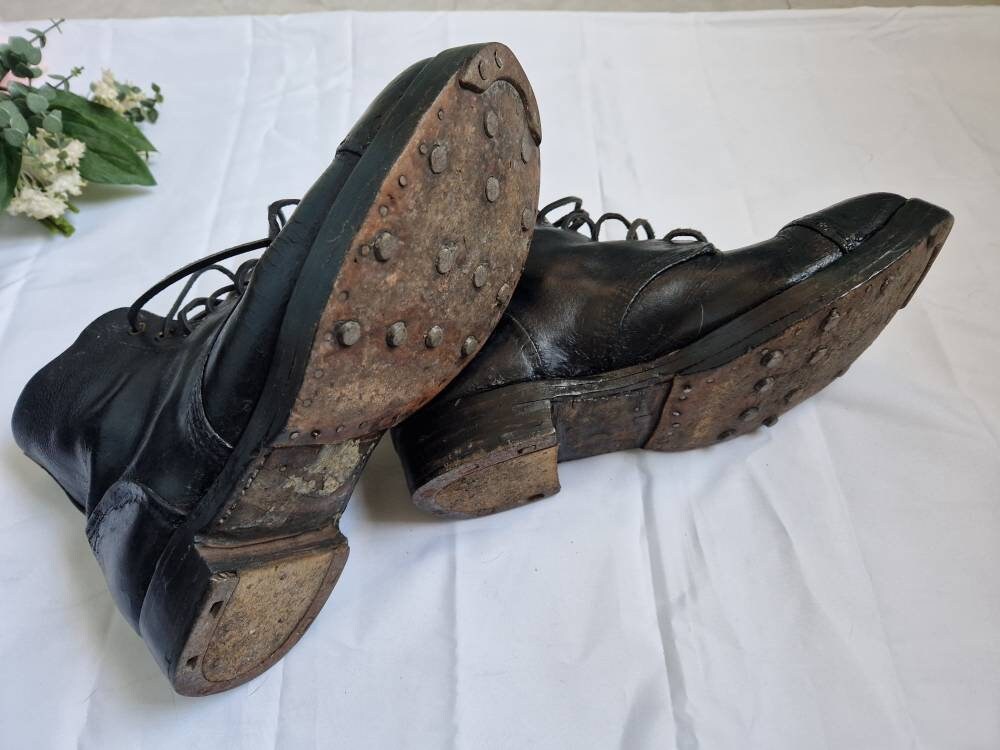 Vintage Military Parade Hobnail Boots in Black Leather by T & Etsy