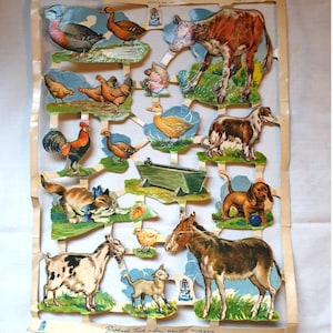 Vintage paper scraps, cutouts, by Raphael Tuck and Sons, sheet of unused relief scraps farmyard series R4, Scrapbook collector, ephemera