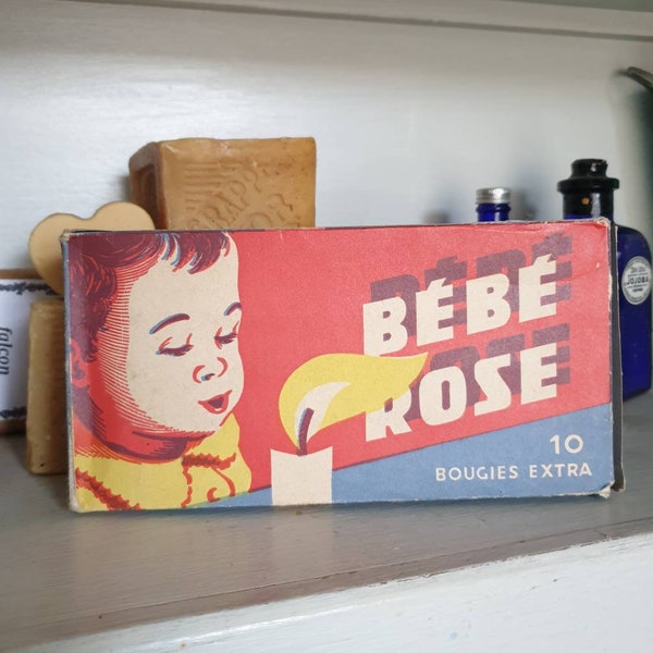 Vintage candles, 50s marketing, 1950s candles, original unopened packaging, Bebe Rose Bougies, Extra 10, candles, unused, French, adverting