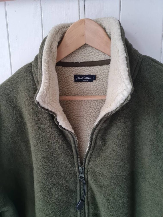 Vintage Mens Zip Up Sherpa Fleece Jacket, Olive Green, and Cream, Peter Storm, Warm Winter Fleece Zip Up Jacket, 90s Fleece