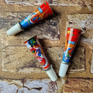 Set of 3 Vintage tin cone whistles, party trumpets, children's tin toys