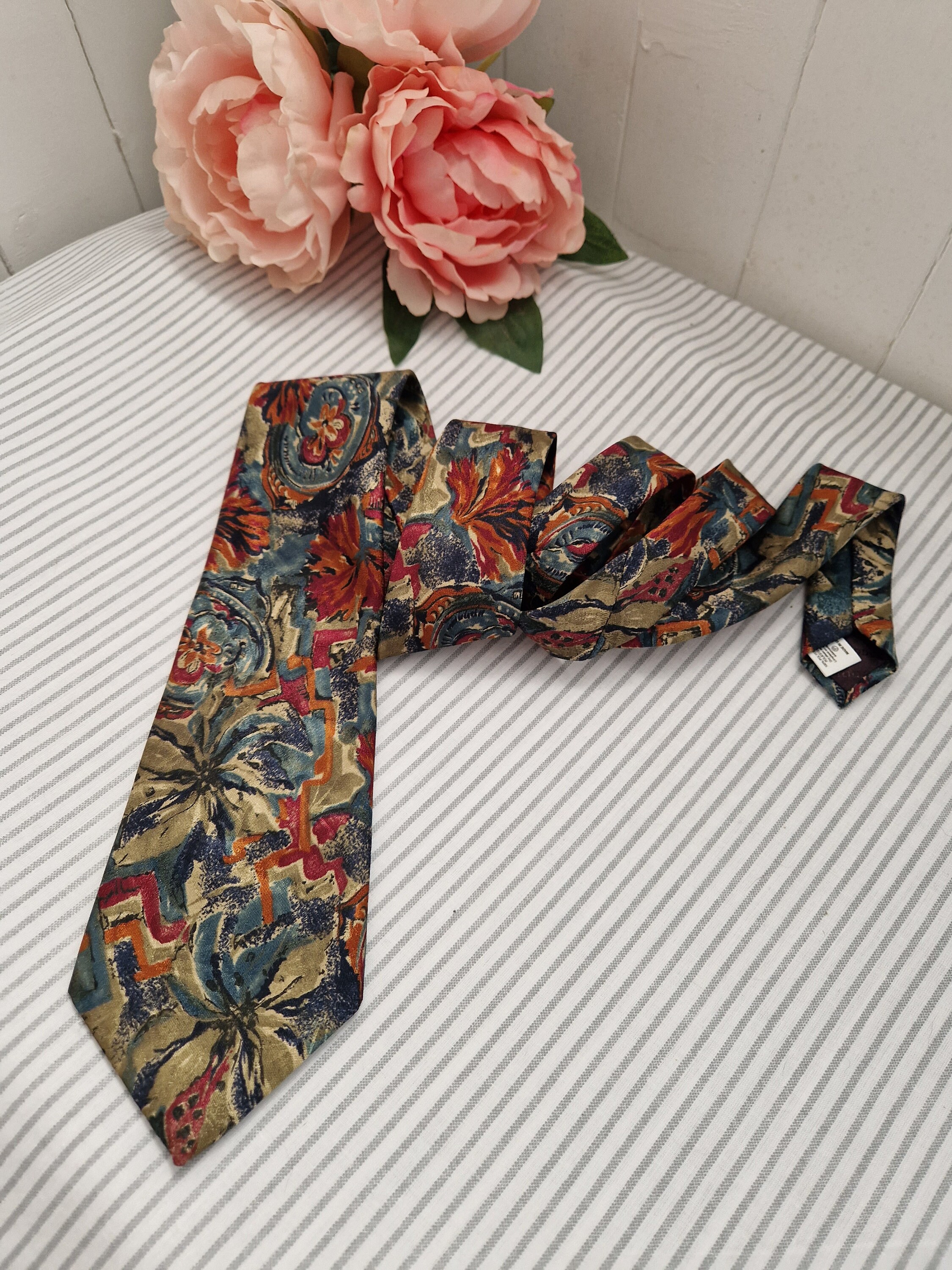 Vintage Woods & Grey abstrakte Blumenkrawatte, 80er 90er Retro Krawatte in blau grau, Rosttöne