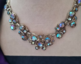 Sparkly bright rainbow rhinestone, glass diamonte, iridescent  vintage 50s, 60s, necklace, statement necklace, womens gift
