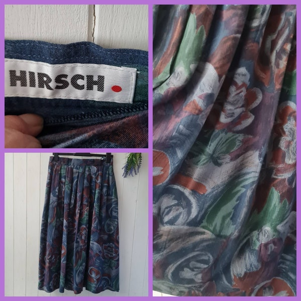 Vintage skirt,  80s skirt, by Hirsch, abstract floral print skirt, blue skirt, gathered skirt, high waist skirt