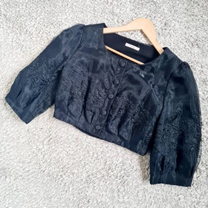 Black semi sheer, embroidered organza nylon cropped jacket top by Darling, vintage 50s 60s style