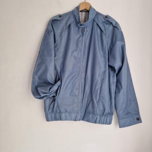 Vintage harrington style 90s sports jacket, light blue with striped lining, St Michael, nylon zip up bomber jacket