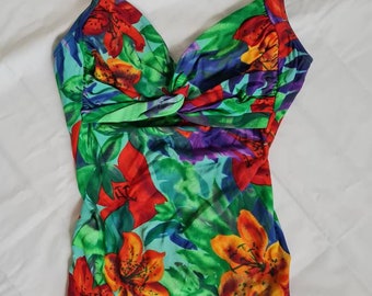 Vintage 80s pinup bathing suit, one piece swimsuit by St Michael, tropical bright print, integral bra