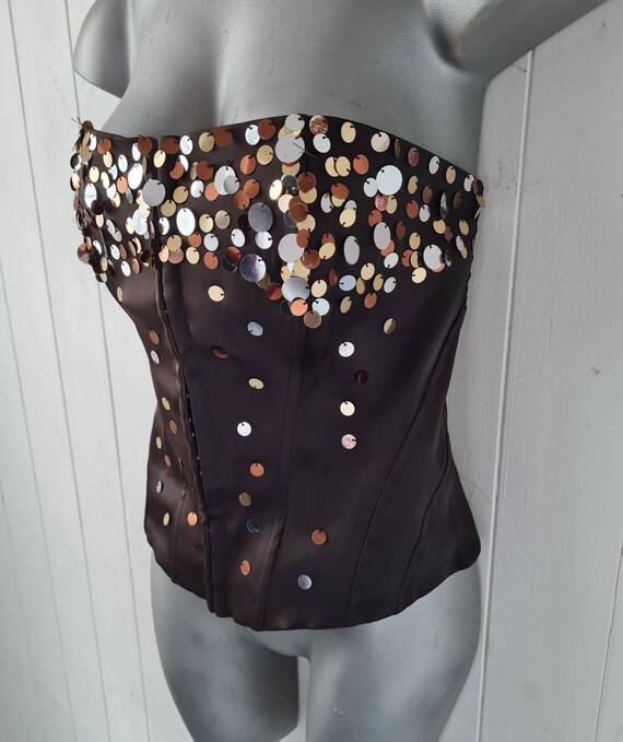 Lipsy, Vintage Sequin, Corset Top, Brown Satin, Hook Eye Front