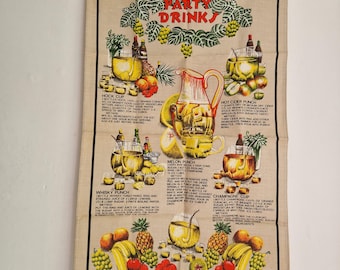 Asciugamano vintage in lino irlandese con scritta "Party Drinks recipes", rimanenza di magazzino, inutilizzato, anni '80.