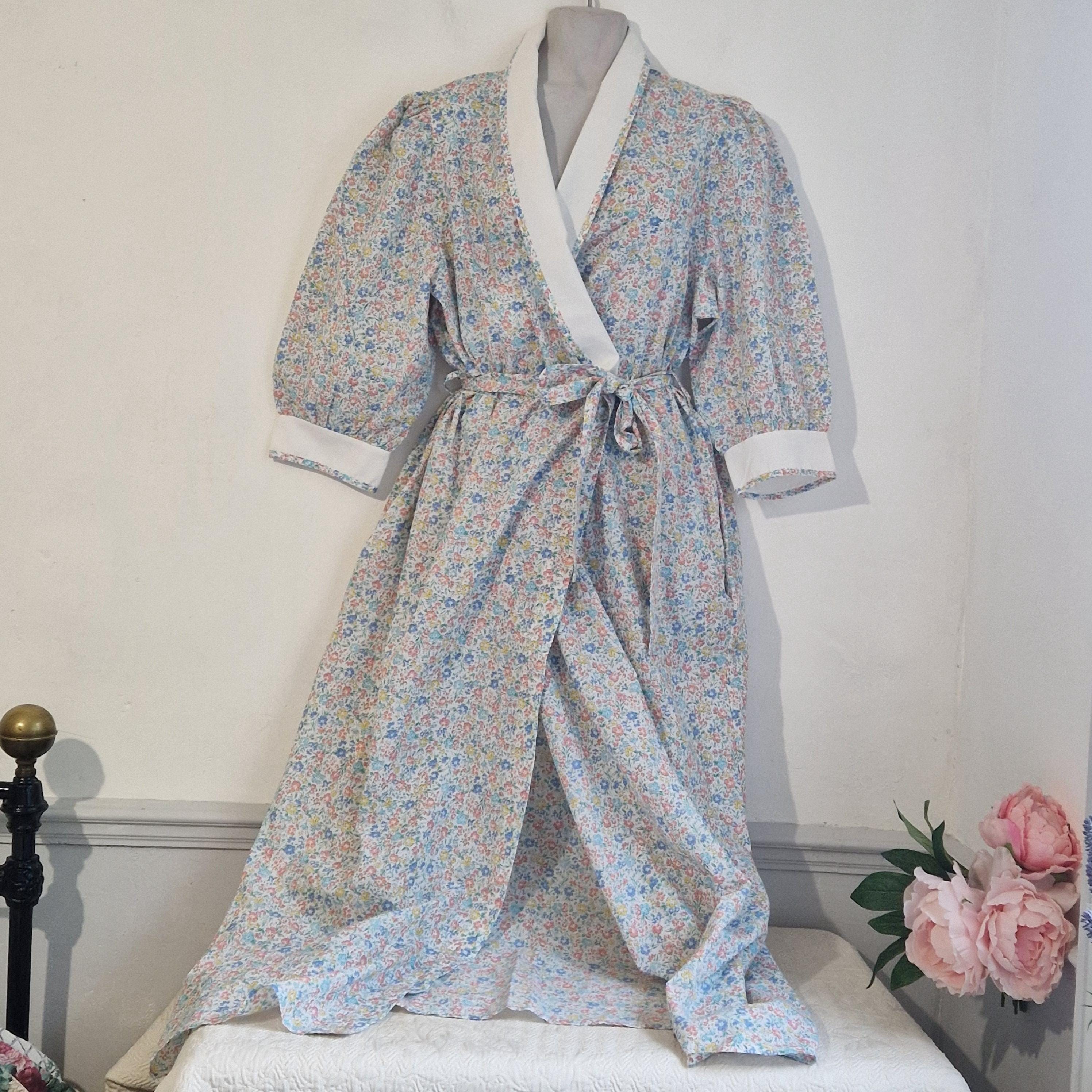 Vintage floral full length dressing gown with rolled collar and puff sleeves, midi length by St Michael, 70s 80s robe, cottage core