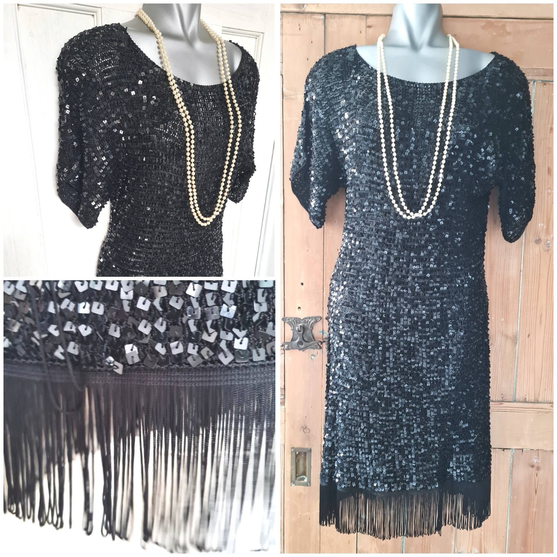 Black Sequin Vintage Tassel Hem Dress 