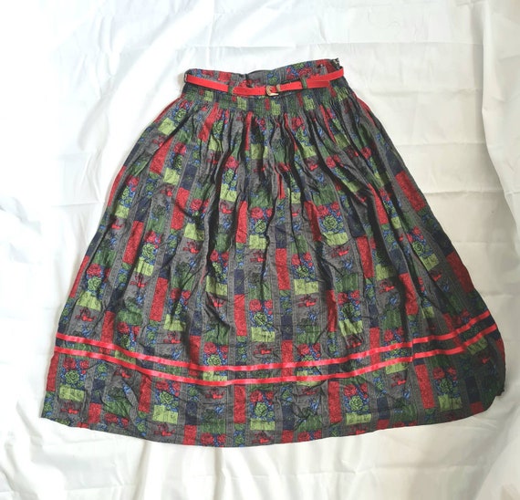 Scandi Nordic gathered high waist skirt Original Alpen Tractien 80s skirt with belt bright print ribbon detail