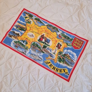 Vintage 1980s  souvenir tea towel of Jersey, Channel Isles, map of Jersey collectable t towel, dish cloth from 80s, gift idea