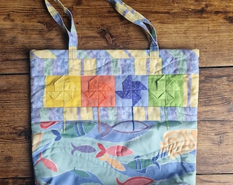 Handmade applique seaside themed vintage quilted craft bag, knitting bag, shopper  in retro fabric, gift for her