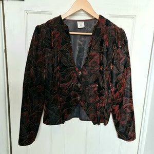 Vintage blouse, red, velour brocade waistcoat style blouse, 80s blouse, gorgeous lightweight top  faux double breasted buttons, leaf design