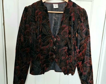 Vintage Bluse, rote Bluse aus Velour Brokat im Westenstil, 80er Bluse, herrliches leichtes Oberteil mit faux zweireihigen Knöpfen, Blattdesign