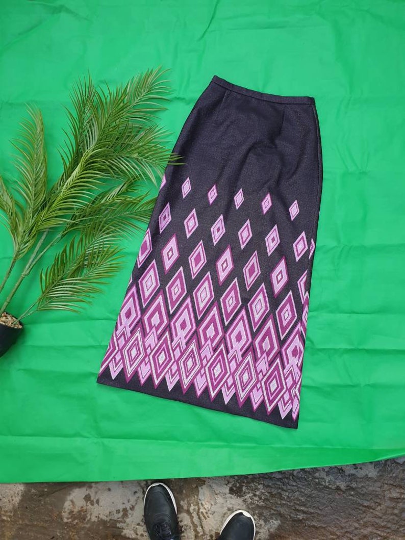 Vintage 1970s sparkly lurex psychedelic maxi skirt purple geometric shapes
