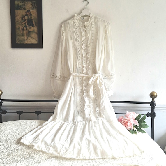 Vintage Style, Cream Dress, Pretty Roman, Cottage Core Dress, Prarie, Balloon Sleeve, Midi 3/4 Button Up Dress, Country Core, Deadstock