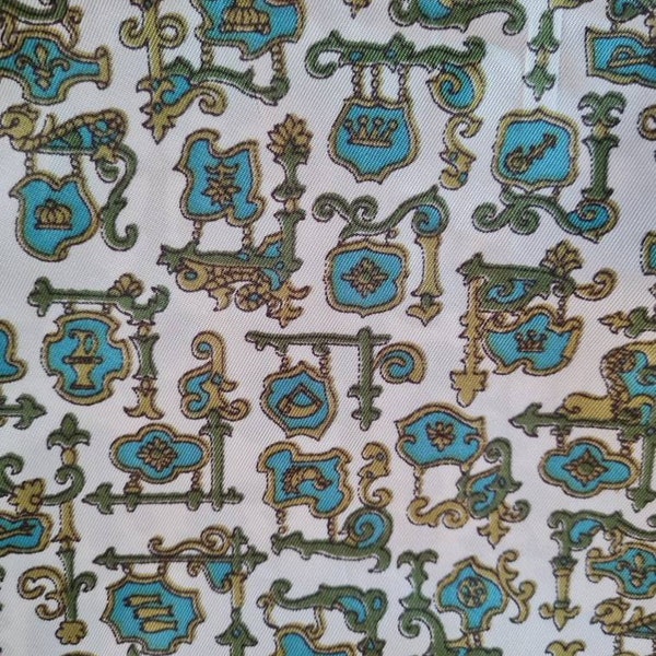 Vintage fabric, patterned, lining fabric, 44" x 50" deadstock, turquoise, green, khaki on ivory background, good for making cravats too