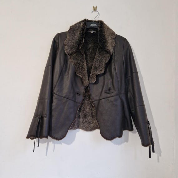 Kenar Faux Leather and Faux Fur Retro 90s Y2K Brown Jacket With