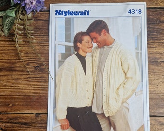 Stylecraft 4318 aran cardigan knitting pattern, paper pattern NOT pdf, short and long cardigan, 80s pattern