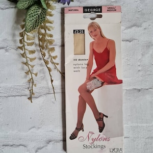 Vintage Strümpfe, 90er Jahre Strümpfe, 10 Denier, Nylons Bein mit durchbrochener Keder in natur,Deadstock ungeöffnet