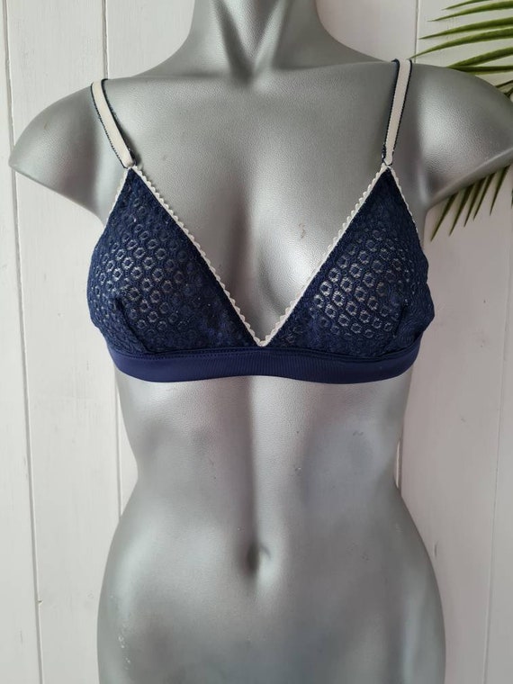 Vintage Unpadded Navy Open Lace Sheer Bralet With Ivory Trim by No