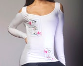 hearts and flowers long sleeve cold shoulder, women, teens, original design and graphic, sexy, fun