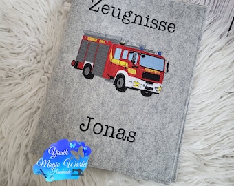 Certificate folder embroidered on felt with fire brigade, school enrollment, certificates, personalized, gift for school, felt folder, back to school
