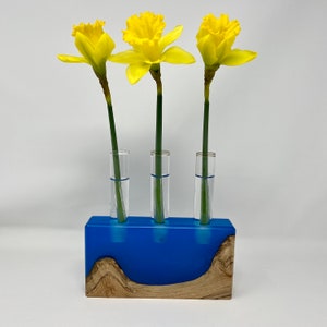 Bud Vase Handcrafted With Live Edge Spalted Maple Wood and Iridescent Blue Resin/Plant Propagation Stand with Glass Tubes