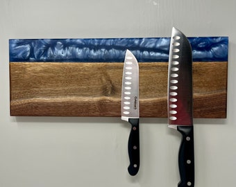 Wall Mounted Black Walnut Live Edge Slate Blue Epoxy Resin Magnetic Knife Holder