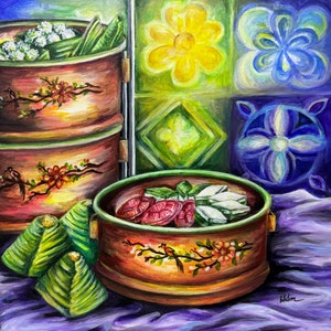 Pintura acrílica - Peranakan (Baba Nyonya) Tiffin (lonchera para llevar) con bocadillos locales de Peranakan (Kueh)