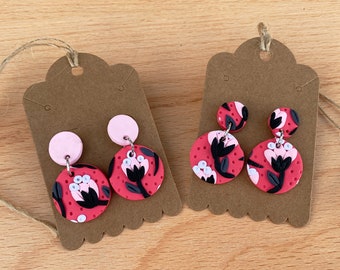 Polymer Clay Earrings - Floral Collection in Pink & Black Flowers