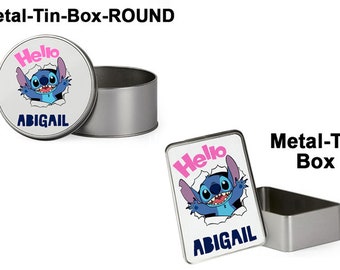 Personalised Hello Ohana themed ANY NAME Rectangular Shaped Portable Metal Tin Storage Box Christmas/Birthday Gift.