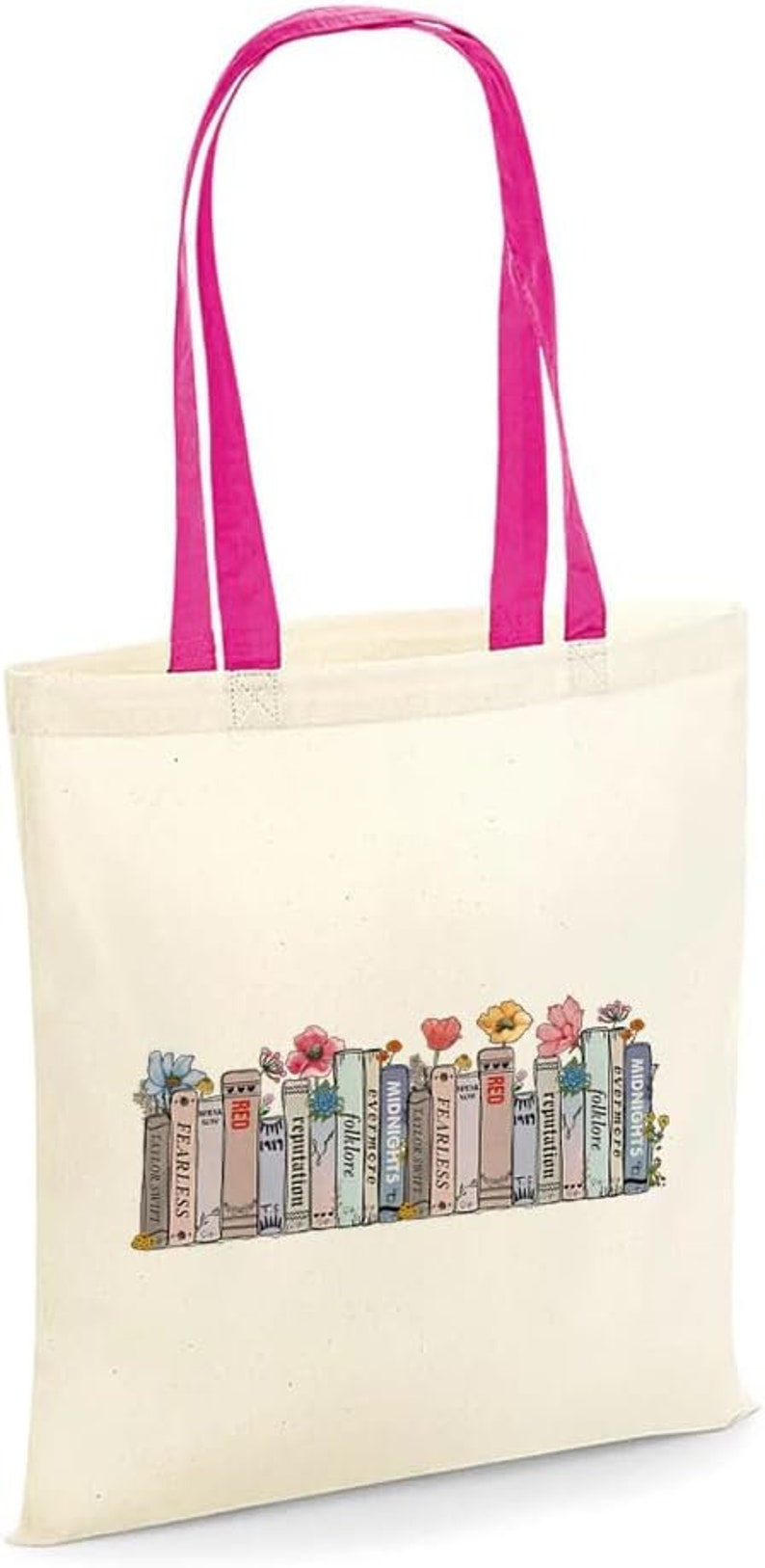 Taylor Albums as books Bag, Floral Bookcase Albums Design, Reusable Bag, Shopping Bag, Tote Bag. Fuchsia Handle