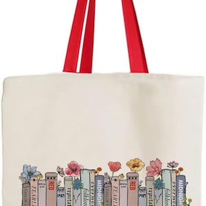 Taylor Albums as books Bag, Floral Bookcase Albums Design, Reusable Bag, Shopping Bag, Tote Bag. Red Handle