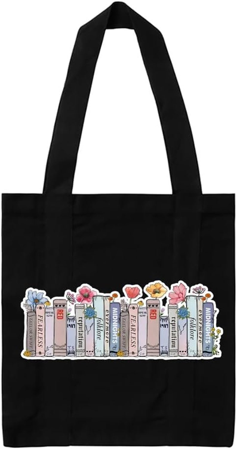 Taylor Albums as books Bag, Floral Bookcase Albums Design, Reusable Bag, Shopping Bag, Tote Bag. Black