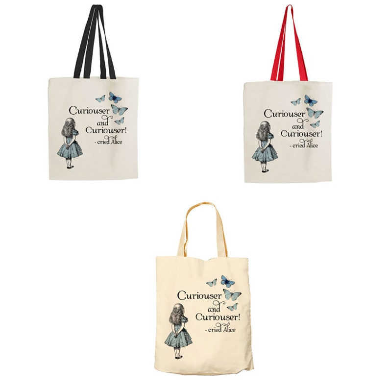 Alice In Wonderland Curiouser And Curiouser Themed Tote Bag Cotton Shopping Bag.