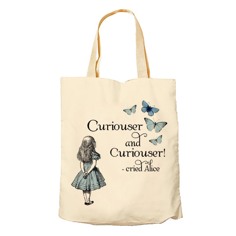 Alice In Wonderland Curiouser And Curiouser Themed Tote Bag Cotton Shopping Bag.
