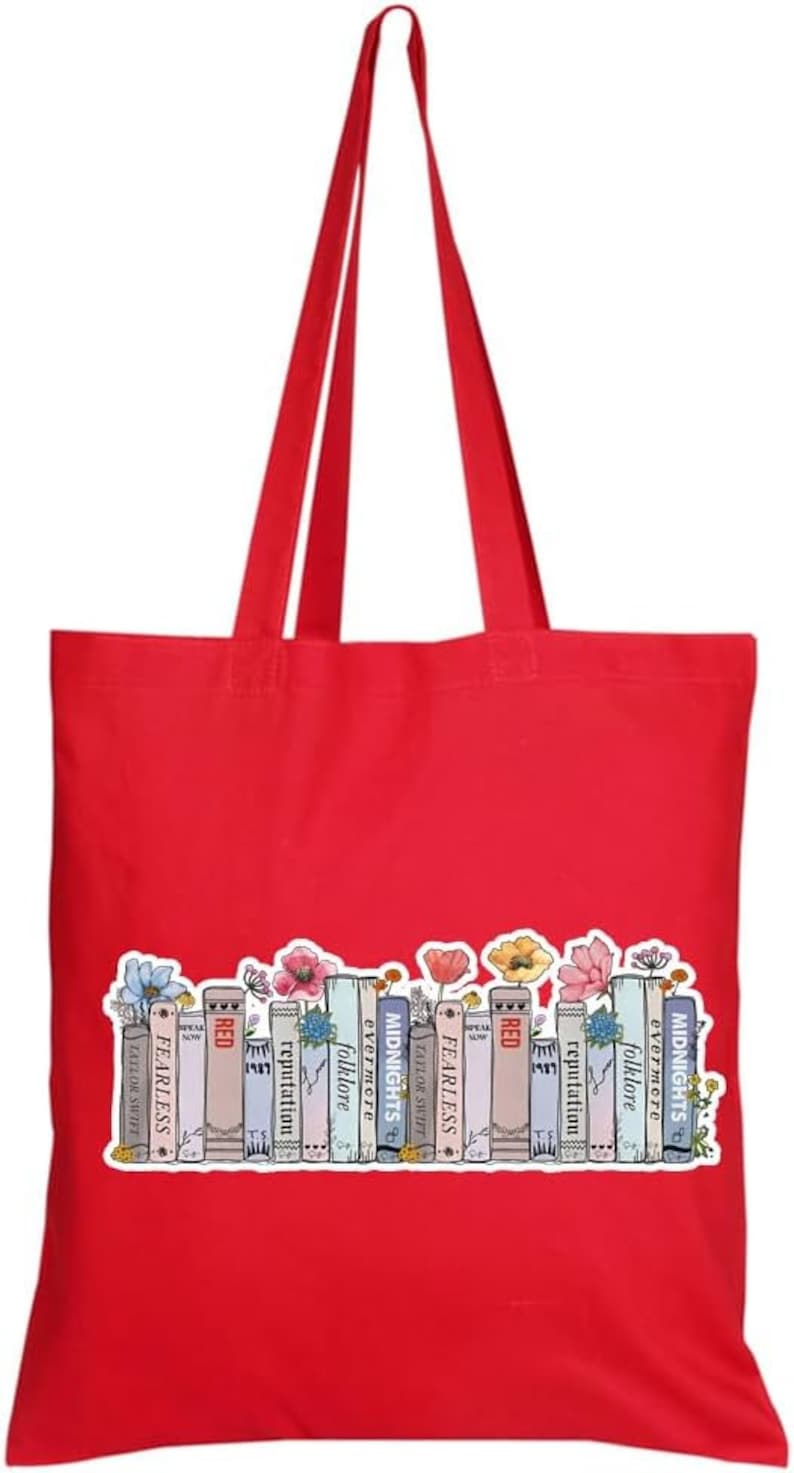 Taylor Albums as books Bag, Floral Bookcase Albums Design, Reusable Bag, Shopping Bag, Tote Bag. Red
