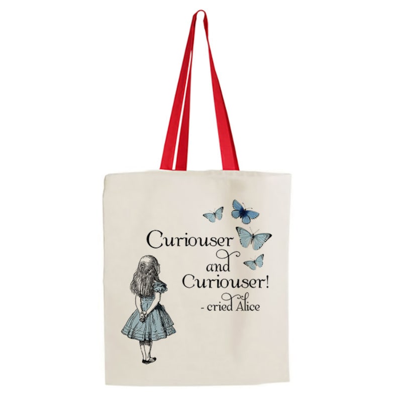 Alice In Wonderland Curiouser And Curiouser Themed Tote Bag Cotton Shopping Bag.