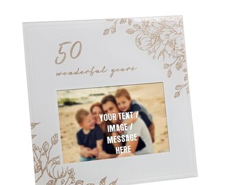 Personalised 50th Marriage Anniversary GOLD FLORAL Glass Photo Frame For Husband, Wife, Him, her.