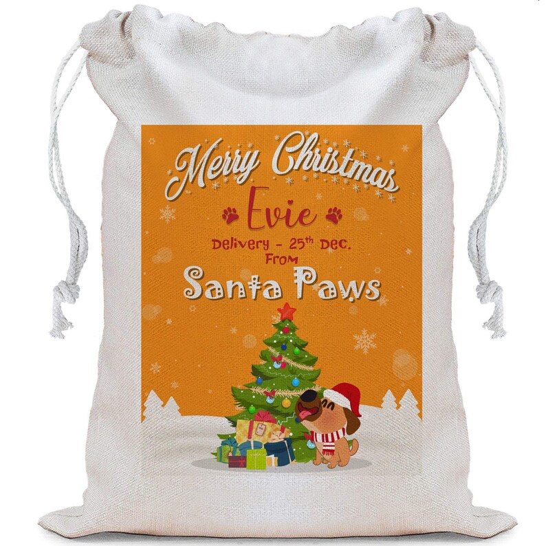 Personalised Merry Christmas Santa Paws Themed Linen Santa Sack with Drawstrings Present-Toy Bag stoking Filler Gift Bag.