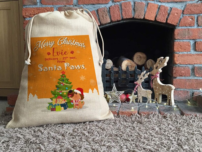 Personalised Merry Christmas Santa Paws Themed Linen Santa Sack with Drawstrings Present-Toy Bag stoking Filler Gift Bag.