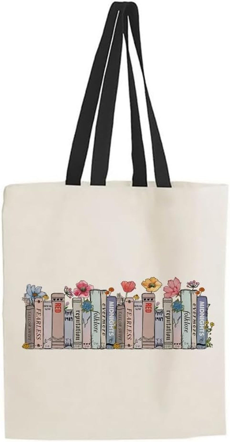 Taylor Albums as books Bag, Floral Bookcase Albums Design, Reusable Bag, Shopping Bag, Tote Bag. Black Handle